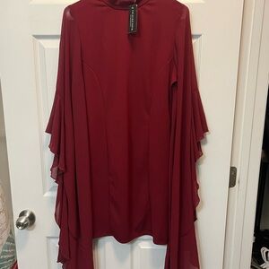 Burgundy High-Neck Dress with Ruffled Sleeves
